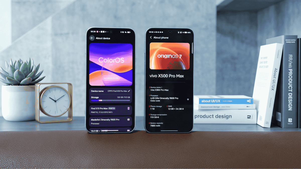 Side by side comparison of ColorOS and OriginOS home screens showing widgets and app icons