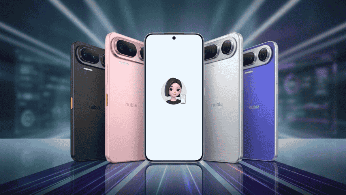 16 सितंबर को लॉन्च होने वाले Nubia NaviX Ultra स्मार्टफोन का बैक और फ्रंट व्यू, जिसमें अलग-अलग रंग और डिस्प्ले पर मौजूद Doubao AI असिस्टेंट का आइकॉन दिख रहा है।